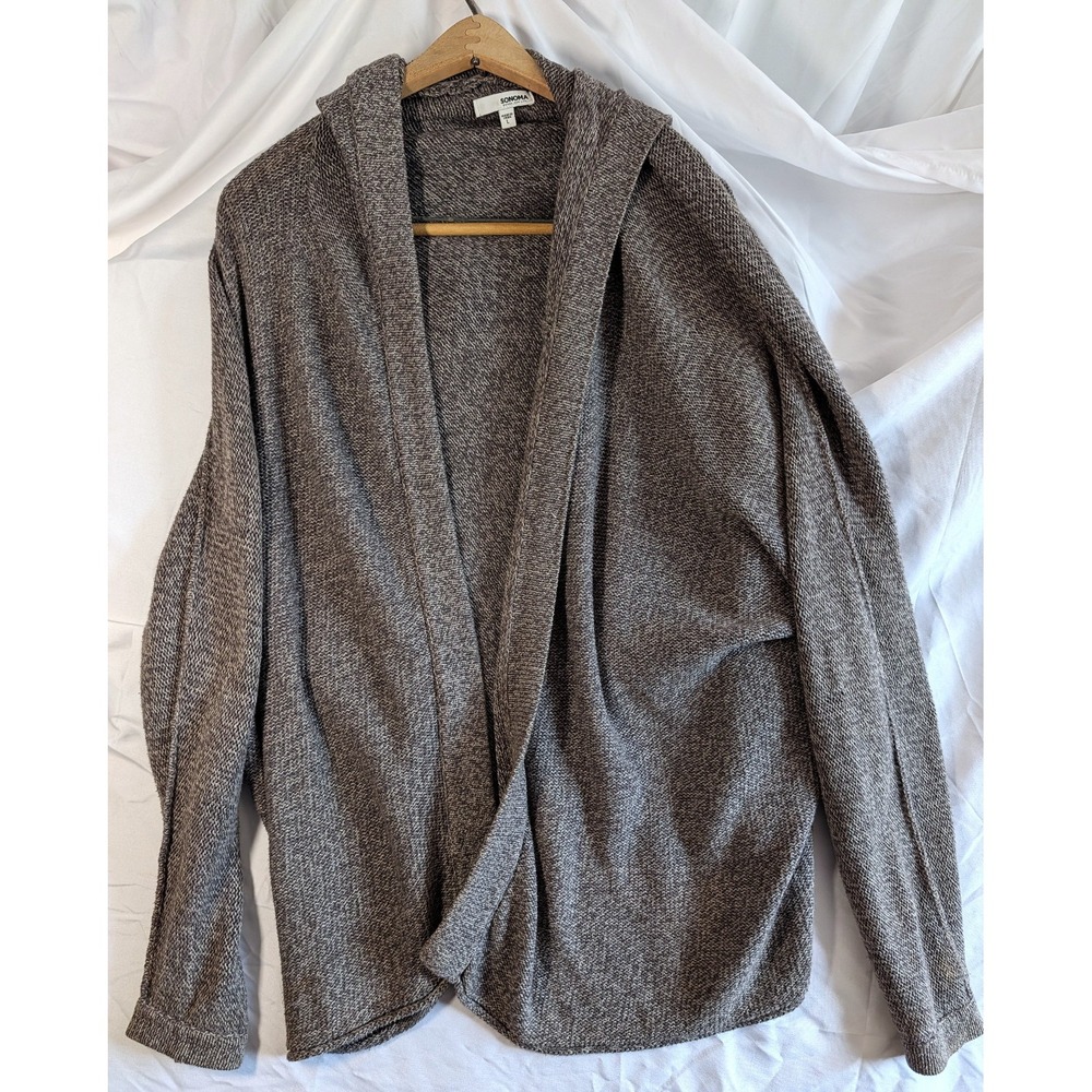 Sonoma Hooded Cardigan Sweater Sz L Open Front Lightweight Gray Soft Raw Seams